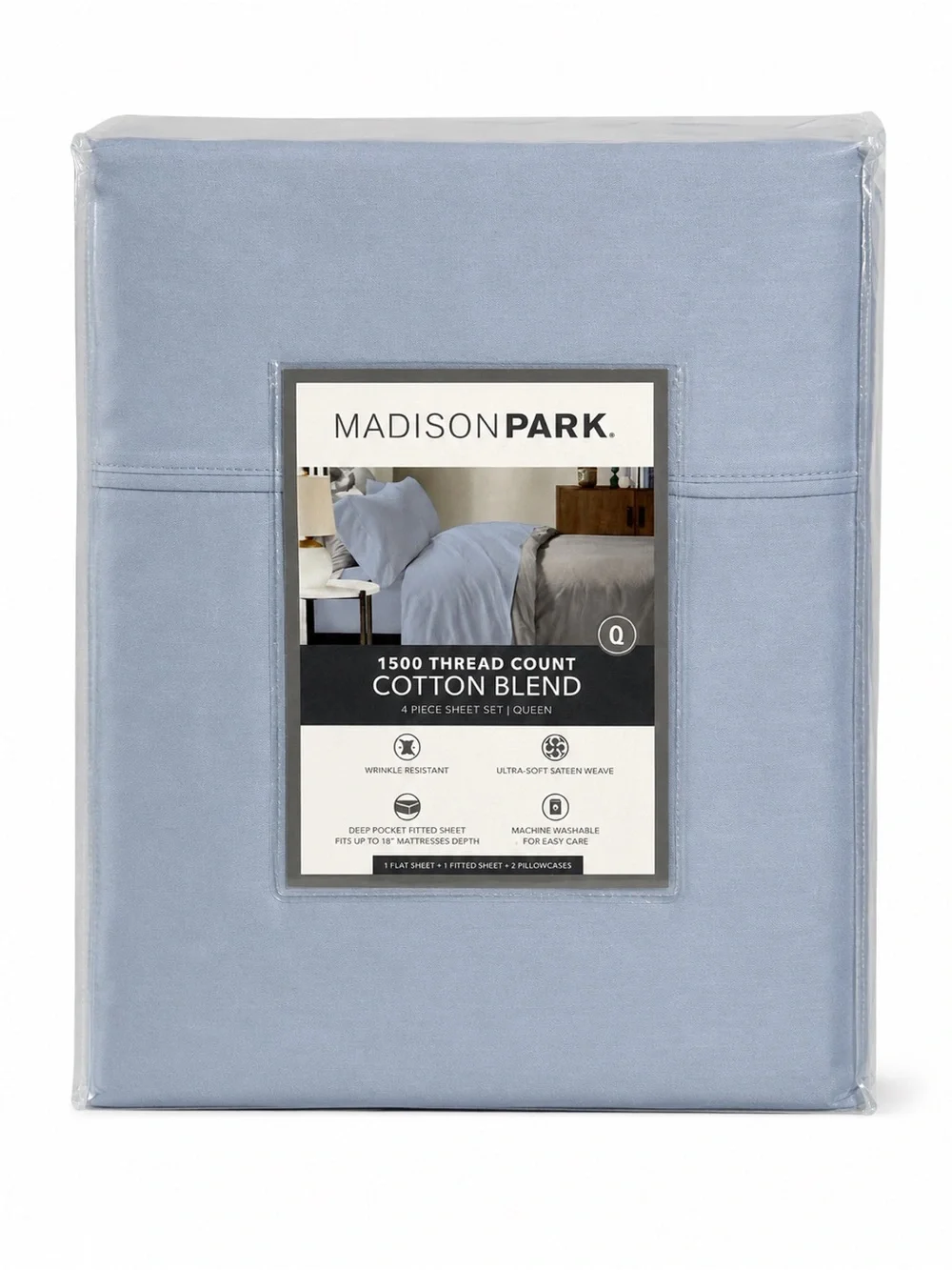 Madison Park Queen Blue 1500 TC Cotton Blend Sheet Set
